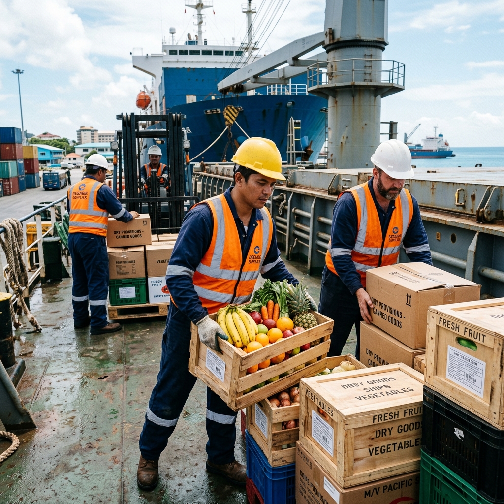 Crew members loading fresh provisions onto merchant vessel