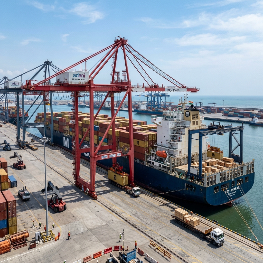 Cargo vessel receiving ship stores at Mundra port